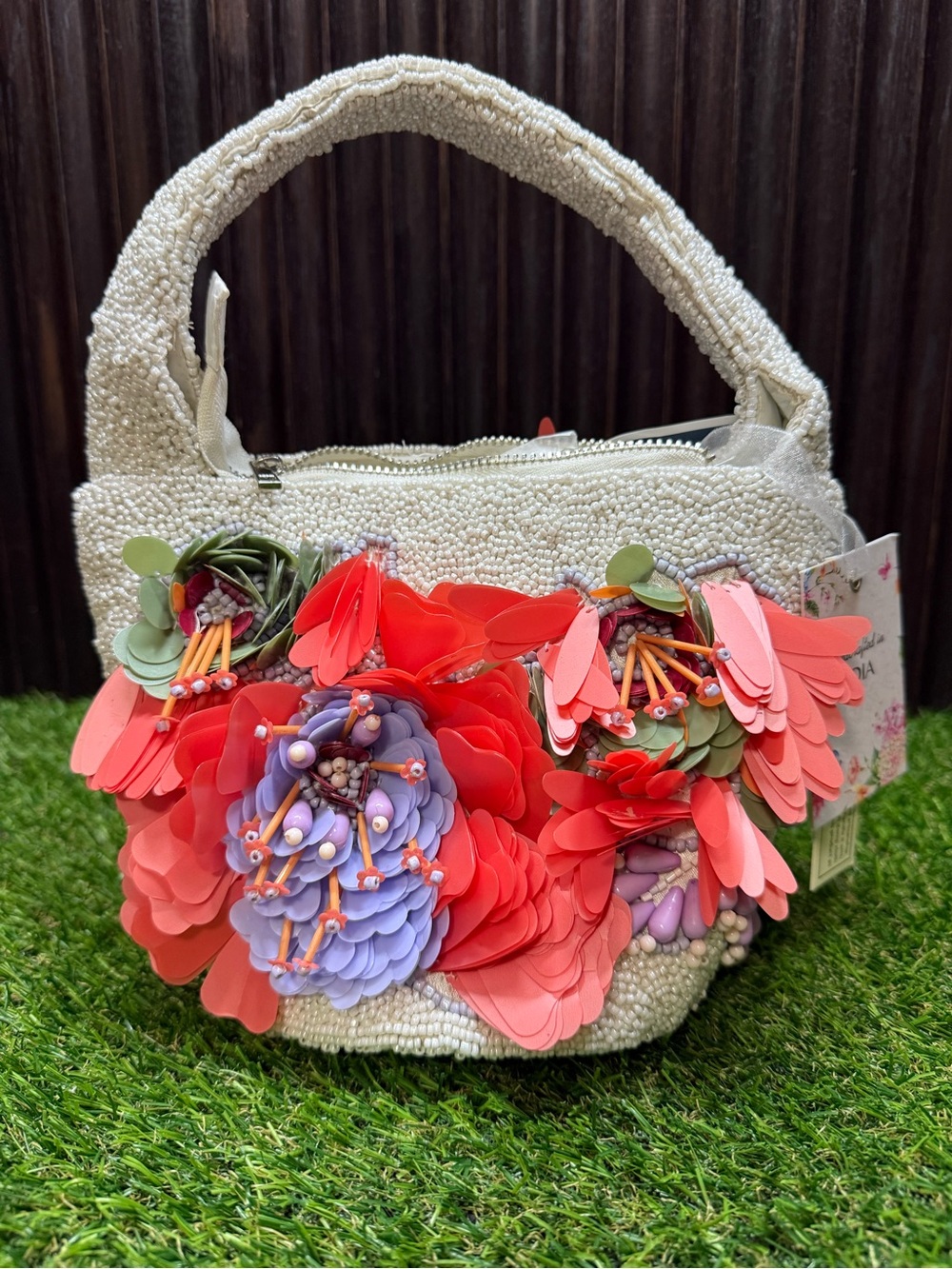 Viral Beaded Handmade India Bag Womens White Floral Pattern 3D Flower Accents 🌺